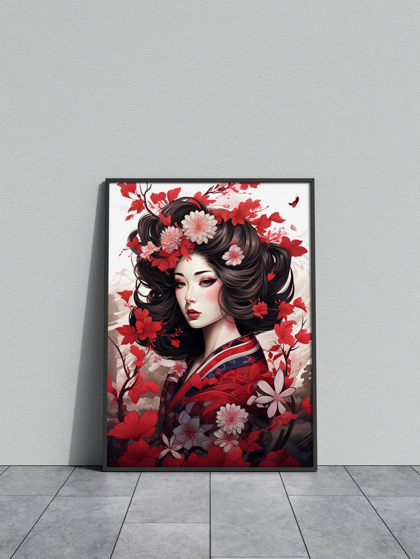 Red Flower Blossom Geisha Asian Style Poster | Graceful Unframed Wall Art Print for Home & Office Decor | Premium Quality | Multiple Sizes