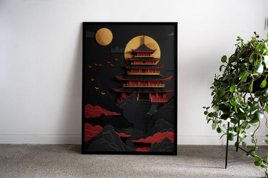 Red Gold Black Temple Asian Style Poster | Wall Art for Home & Office | High-Quality Print