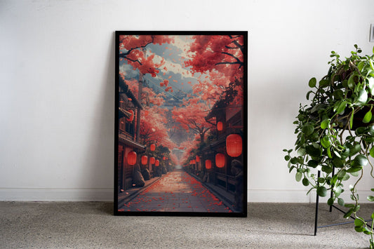 Red Lantern Path Asian Style Poster | Wall Art for Home & Office | High-Quality Print