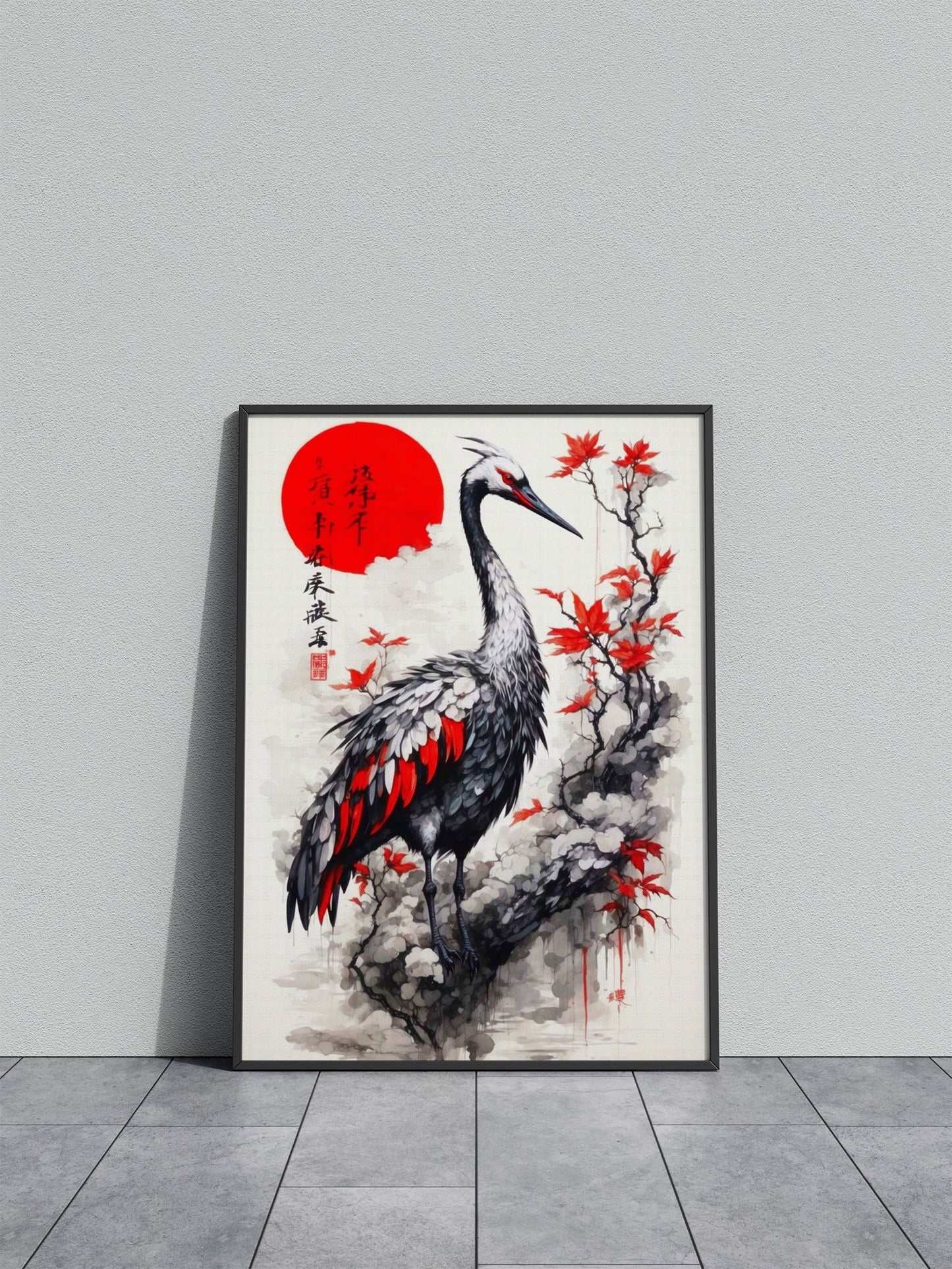 Red Moon Flamingo Asian Style Poster | High-Quality Wall Art Print | Elegant Home & Office Decor | Unframed | Multiple Sizes Available