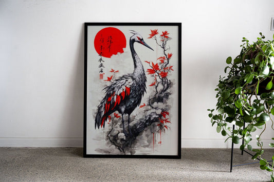 Red Moon Flamingo Asian Style Poster | High-Quality Wall Art Print | Elegant Home & Office Decor | Unframed | Multiple Sizes Available