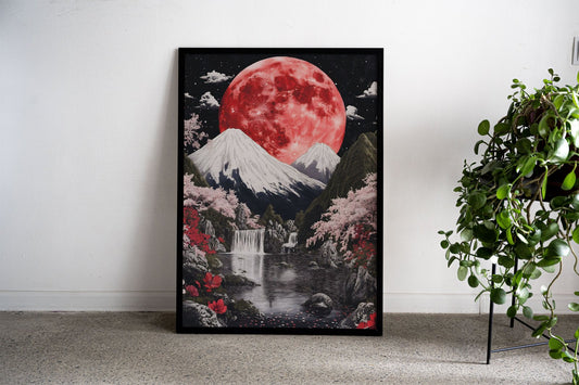 Red Moon Fuji Mountain Asian Style Poster | Wall Art for Home & Office | High-Quality Print