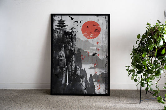 Red Moon Japan Ink Asian Style Poster | Wall Art for Home & Office | High-Quality Print