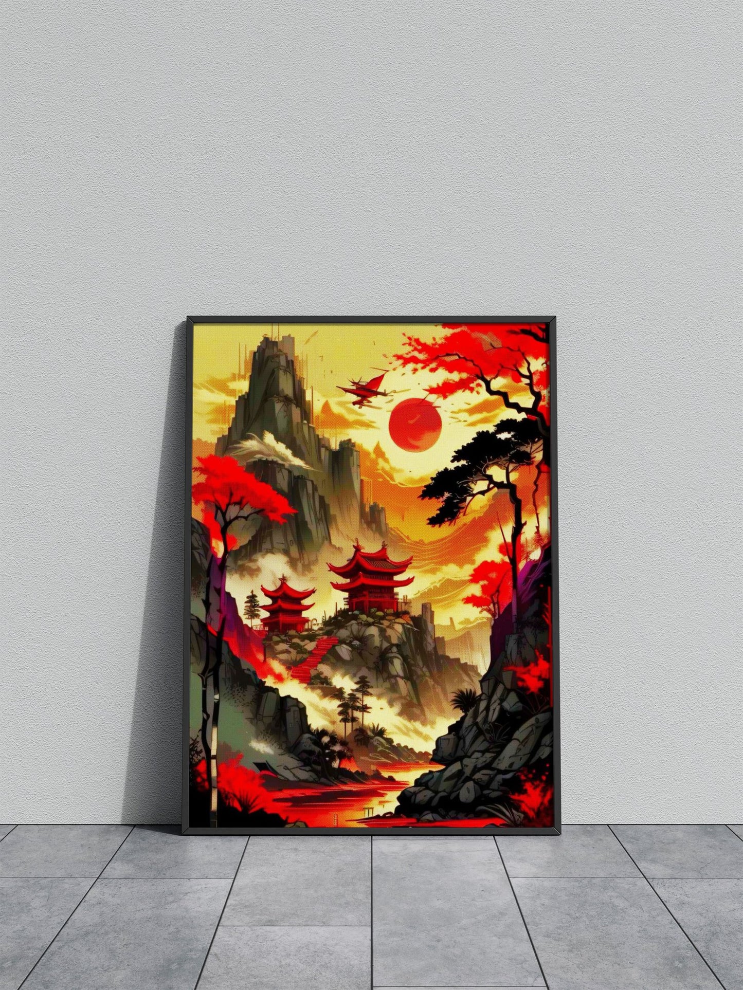 Red Moon Japan Vintage Asian Style Poster | Wall Art for Home & Office | High-Quality Print