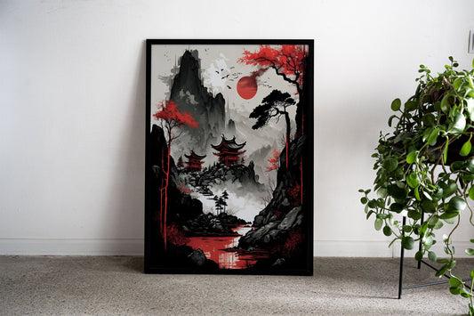 Red Moon Japan Asian Style Poster | Wall Art for Home & Office | High-Quality Print