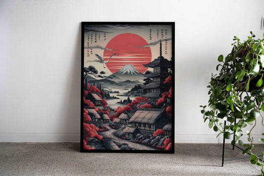 Red Moon Japanese Village Asian Style Poster | Wall Art for Home & Office | High-Quality Print - High-Quality Visual Display