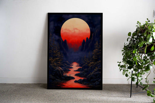 Red Moon Landscape Asian Style Poster | Wall Art for Home & Office | High-Quality Print - High-Quality Visual Display