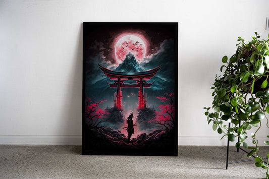 Red Moon Samurai Asian Style Poster | Wall Art for Home & Office | High-Quality Print - High-Quality Visual Display