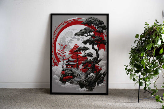 Red Moon Sanctuary Asian Style Poster | Wall Art for Home & Office | High-Quality Print - High-Quality Visual Display