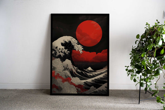 Red Moon Wave Asian Style Poster | Wall Art for Home & Office | High-Quality Print - High-Quality Visual Display