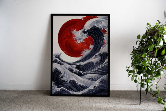 Red Moon Waves Asian Style Poster | Wall Art for Home & Office | High-Quality Print - High-Quality Visual Display