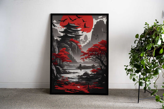 Red Sun Pagoda Asian Style Poster | Wall Art for Home & Office | High-Quality Print - High-Quality Visual Display