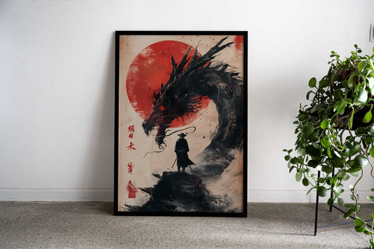 Samurai Dragon Red Sun Asian Style Poster | Wall Art for Home & Office | High-Quality Print - High-Quality Visual Display