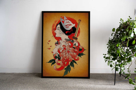 Samurai Kitsune Girl Asian Style Poster | Wall Art for Home & Office | High-Quality Print - High-Quality Visual Display
