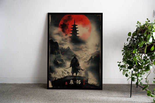 Samurai Solitude red moon Asian Style Poster | Wall Art for Home & Office | High-Quality Print - High-Quality Visual Display