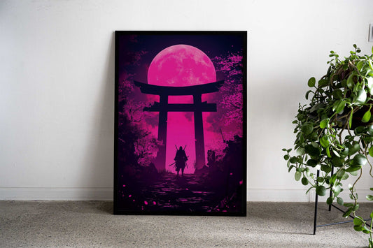 Samurai Under Pink Moon Asian Style Poster | Wall Art for Home & Office | High-Quality Print - High-Quality Visual Display