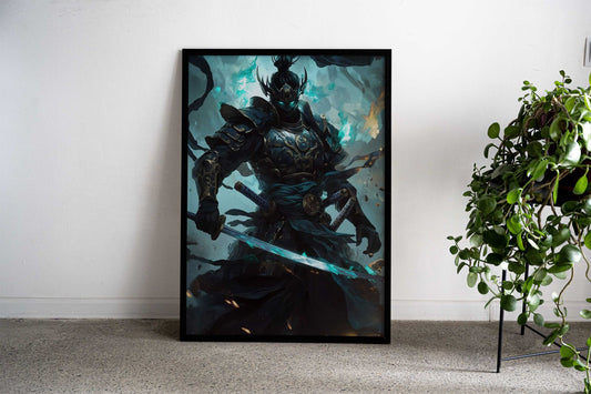 Samurai Warrior with Blue Asian Style Poster | Wall Art for Home & Office | High-Quality Print - High-Quality Visual Display