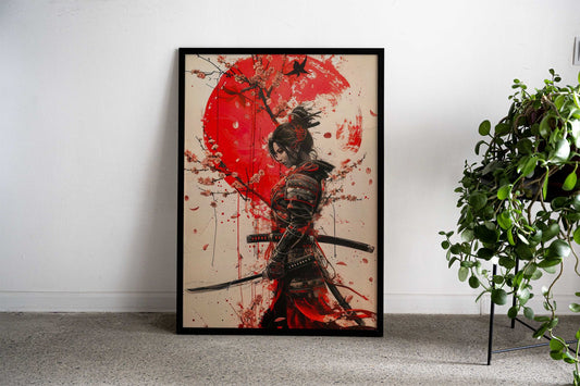 Samurai Woman Red Moon Asian Style Poster | Wall Art for Home & Office | High-Quality Print - High-Quality Visual Display