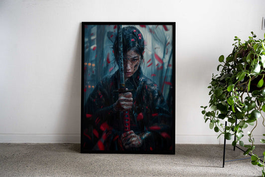 Samurai Woman in Rain Asian Style Poster | Wall Art for Home & Office | High-Quality Print - High-Quality Visual Display