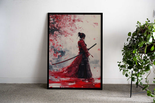 Samurai Woman in Red Asian Style Poster | Wall Art for Home & Office | High-Quality Print - High-Quality Visual Display