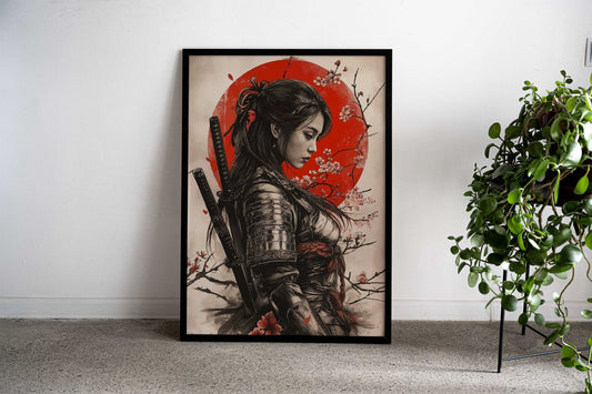 Samurai Woman with Cherry Blossoms Asian Style Poster | Wall Art for Home & Office | High-Quality Print - High-Quality Visual Display
