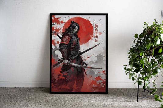 Samurai and Red Moon Asian Style Poster | Wall Art for Home & Office | High-Quality Print - High-Quality Visual Display