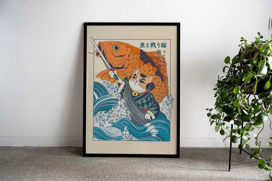 Samurai cat and koi fish Asian Style Poster | Wall Art for Home & Office | High-Quality Print - High-Quality Visual Display