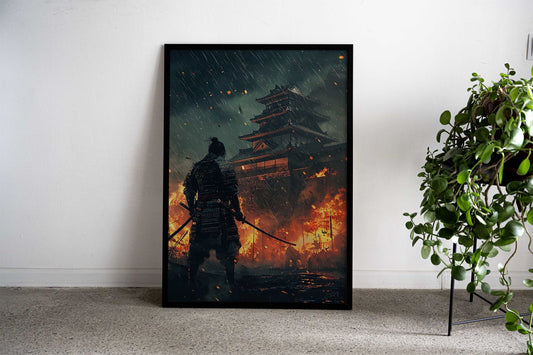Samurai in Burning City Asian Style Poster | Wall Art for Home & Office | High-Quality Print - High-Quality Visual Display