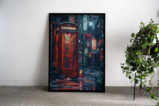 Snowy Japanese Street with Red Phone Booth Asian Style Poster | Wall Art for Home & Office | High-Quality Print - High-Quality Visual Display
