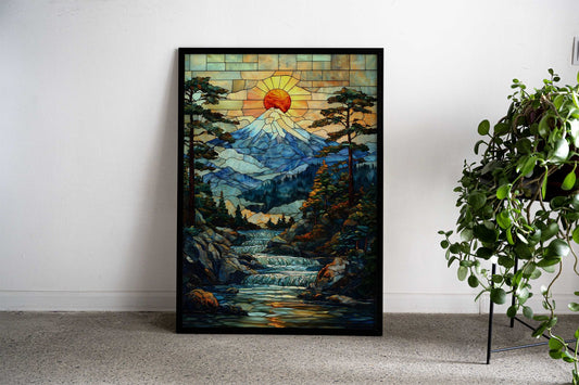 Stained Glass Mount Fuji Sunset Japan Asian Style Poster | Wall Art for Home & Office | High-Quality Print - High-Quality Visual Display