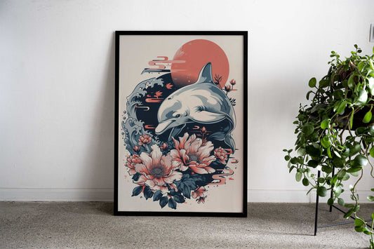 Sunset Dolphin Asian Style Poster | Wall Art for Home & Office | High-Quality Print - High-Quality Visual Display