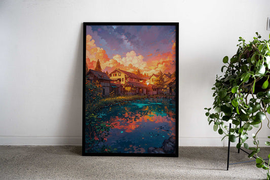 Sunset Over the Village Asian Style Poster | Wall Art for Home & Office | High-Quality Print - High-Quality Visual Display