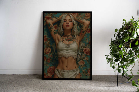 Tattooed Woman in Floral Setting Asian Style Poster | Wall Art for Home & Office | High-Quality Print - High-Quality Visual Display