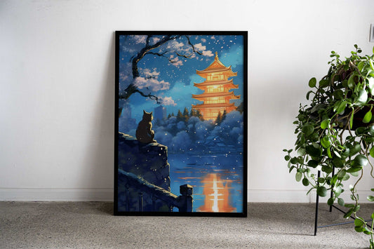The Moon Night Cat Japan Asian Style Poster | Wall Art for Home & Office | High-Quality Print - High-Quality Visual Display