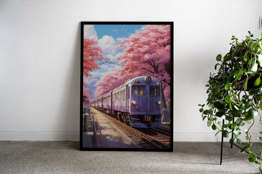 Train Under Cherry Blossoms Sakura Station Asian Style Poster | Wall Art for Home & Office | High-Quality Print - High-Quality Visual Display