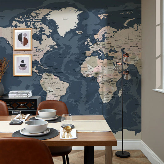 Dark-Themed World Map Mural