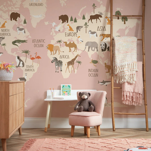 Pink Scandi Safari Map Wall Mural