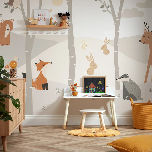 Grey Woodland Animal Wall Mural