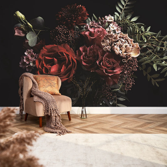 Pink and Red Dark Floral Bouquet Wall Mural
