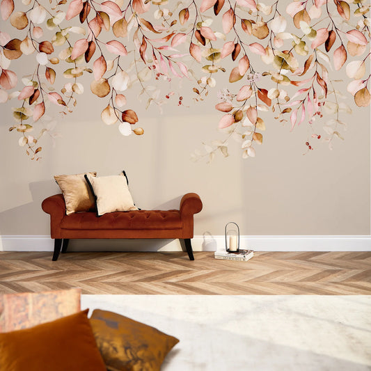 Autumn Eucalyptus Cascade Mural in Warm Browns and Oranges on Taupe Background