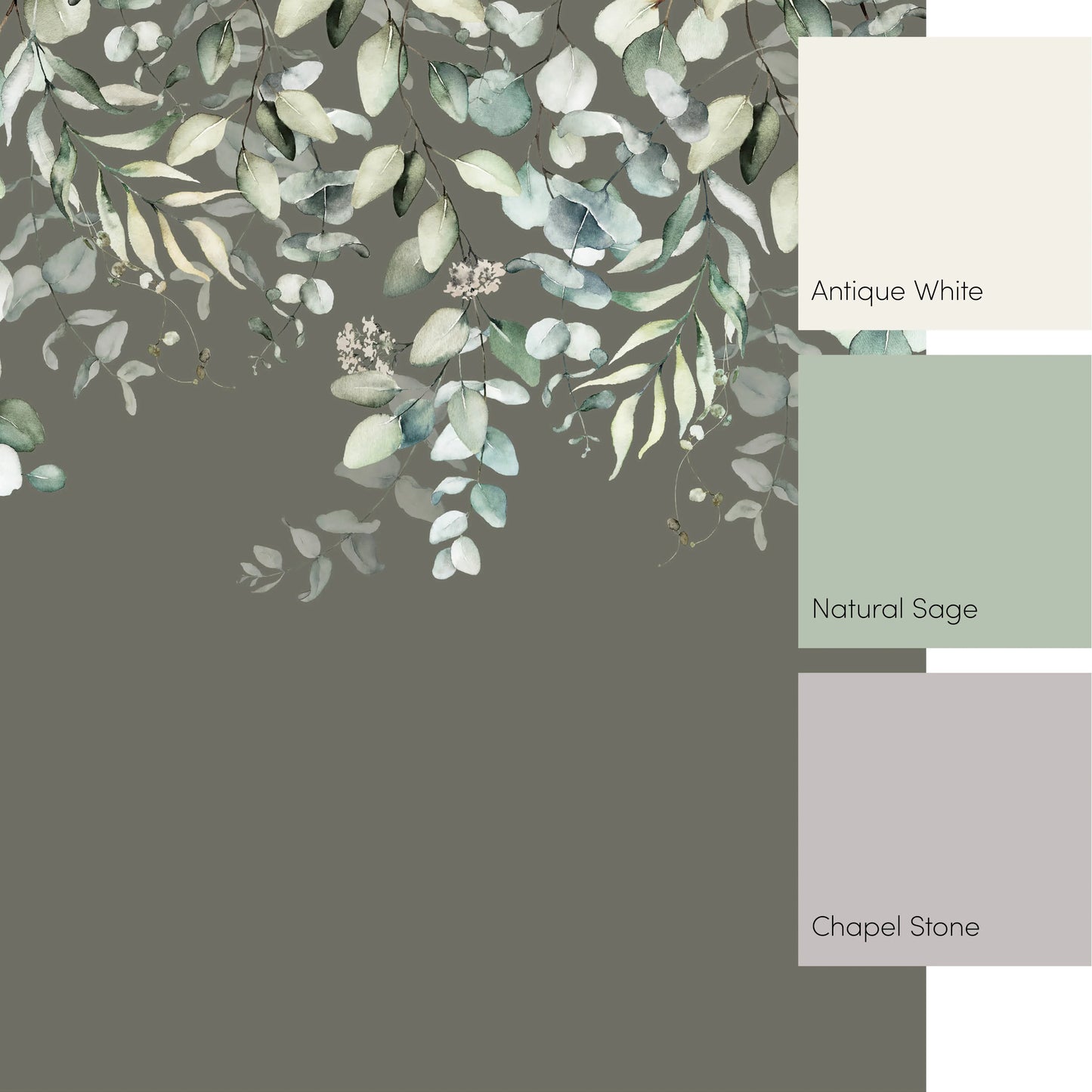 Eucalyptus Cascade Watercolor Mural in Smoky Green Tones