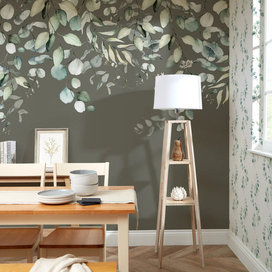 Eucalyptus Cascade Watercolor Mural in Smoky Green Tones