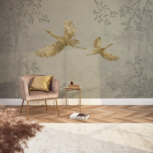 Stone Mural Featuring Oriental Cranes with Gold Accents