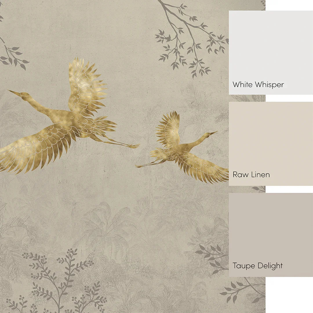 Stone Mural Featuring Oriental Cranes with Gold Accents