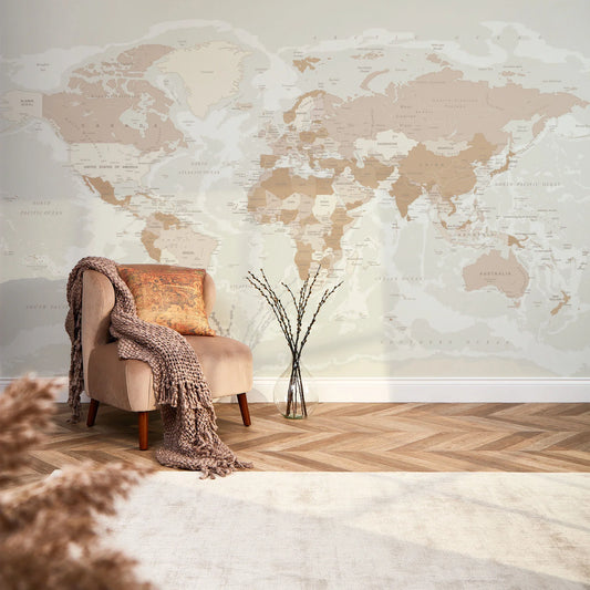 Neutral-Toned World Map Wall Mural