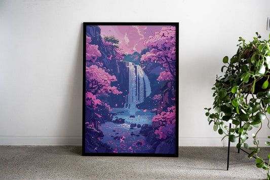 Waterfall Sakura Pink Asian Style Poster | Wall Art for Home & Office | High-Quality Print - High-Quality Visual Display