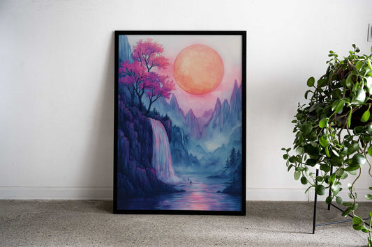 Waterfall and Giant Moon Asian Style Poster | Wall Art for Home & Office | High-Quality Print - High-Quality Visual Display