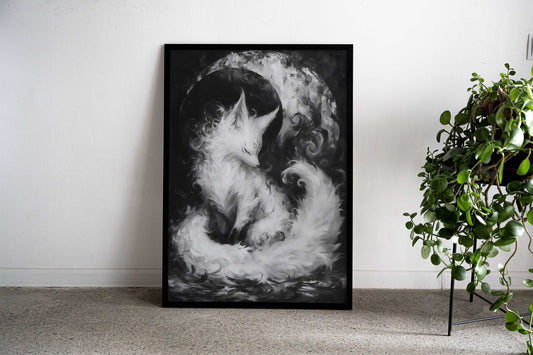 White Fox Under Moon Asian Style Poster | Wall Art for Home & Office | High-Quality Print - High-Quality Visual Display