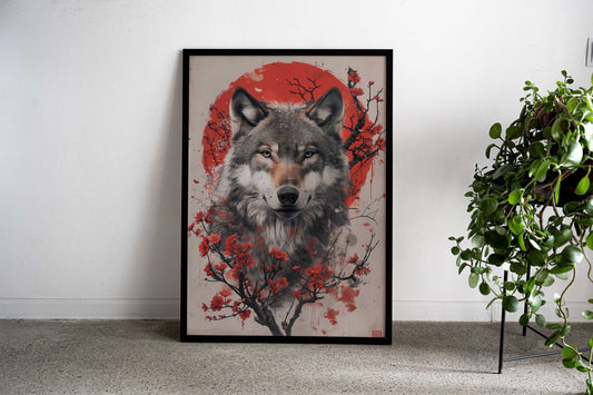 Wolf with Cherry Blossoms Japanese Asian Style Poster | Wall Art for Home & Office | High-Quality Print - High-Quality Visual Display