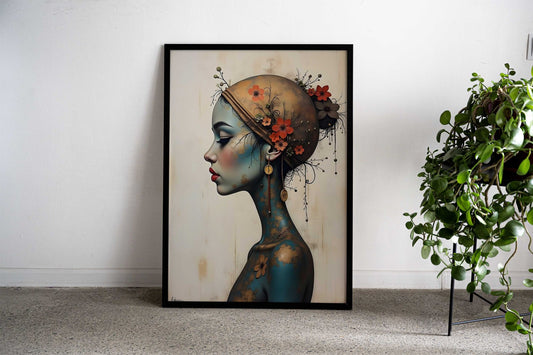 Woman Portrait with Teal Skin Wabi Sabi Asian Style Poster | Wall Art for Home & Office | High-Quality Print - High-Quality Visual Display